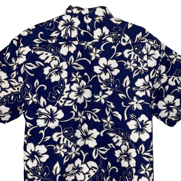 Retro Hilo Hattie Hawaiian Shirt Mens XL Floral Plumeria Leaf Aloha Beach Blue - Picture 7 of 10